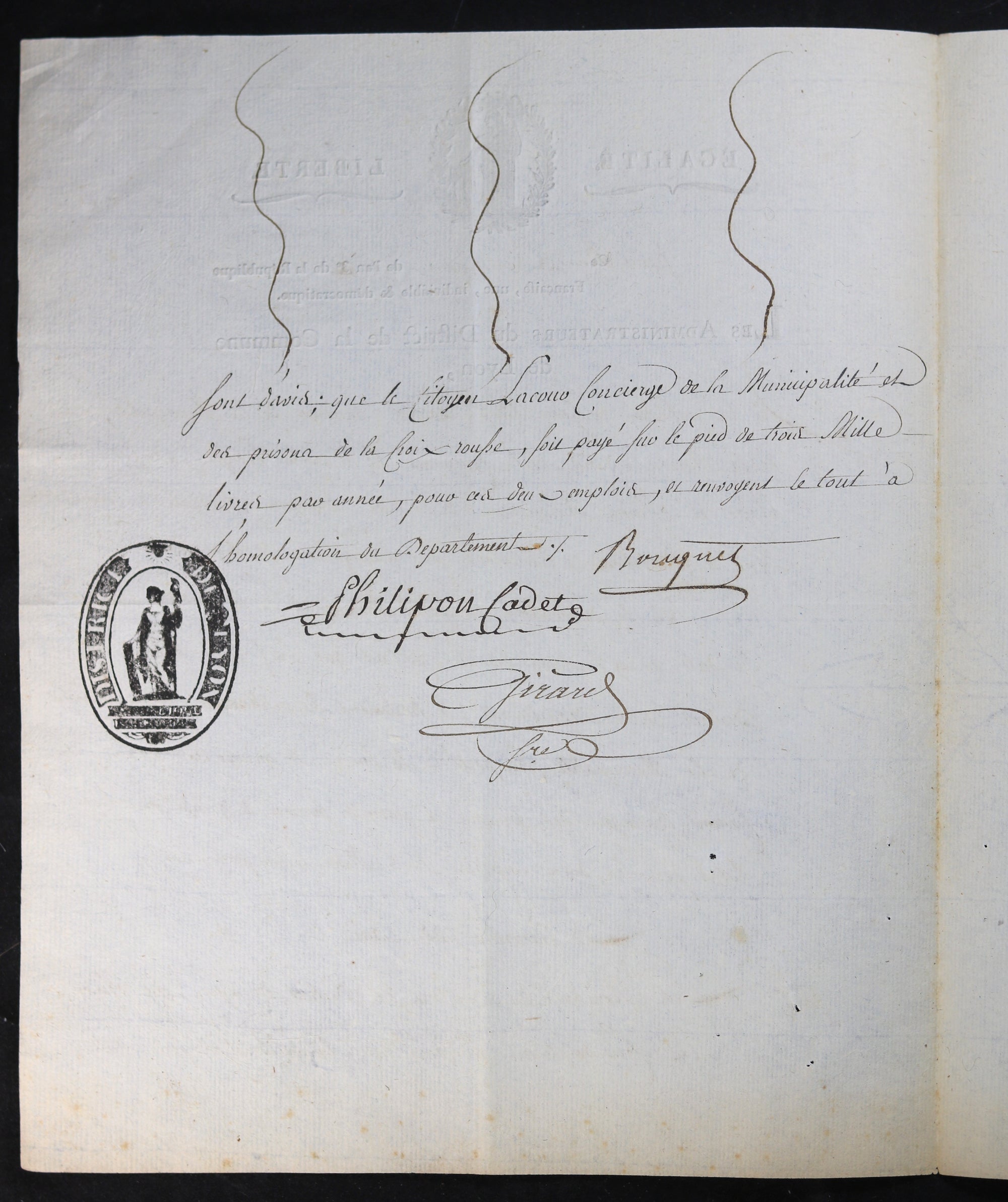 1795 Lyon deux lettres sur salaire Concierge Maison Arrêt Croix Rousse