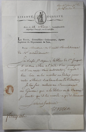 1795 Paris lettre du commissaire ordonateur Leroux – un suspect
