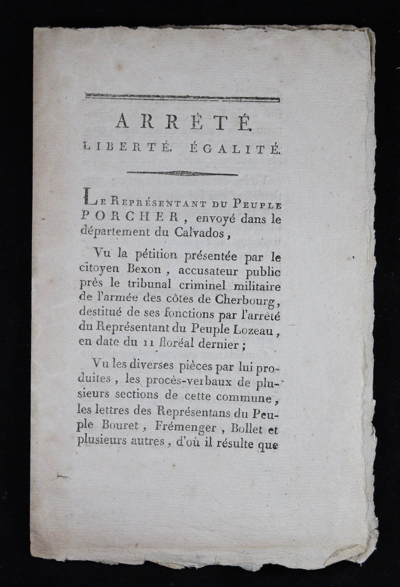 1795 Représentant du Peuple PORCHER, réintègre Bexon accusateur public