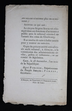 1795 Représentant du Peuple PORCHER, réintègre Bexon accusateur public