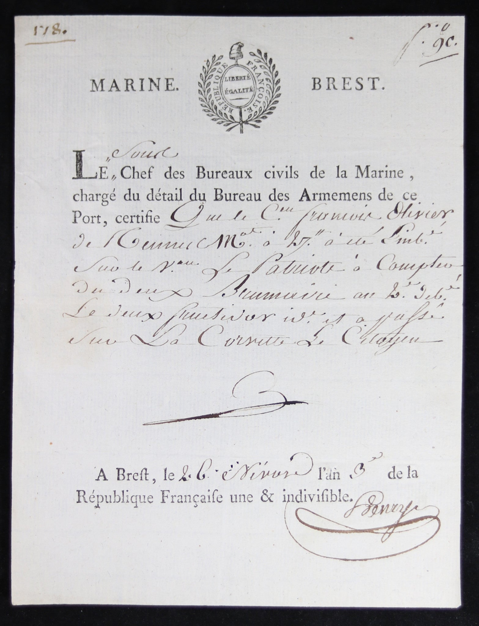 1795 Révolution état de service d’un matelot au Port de Brest