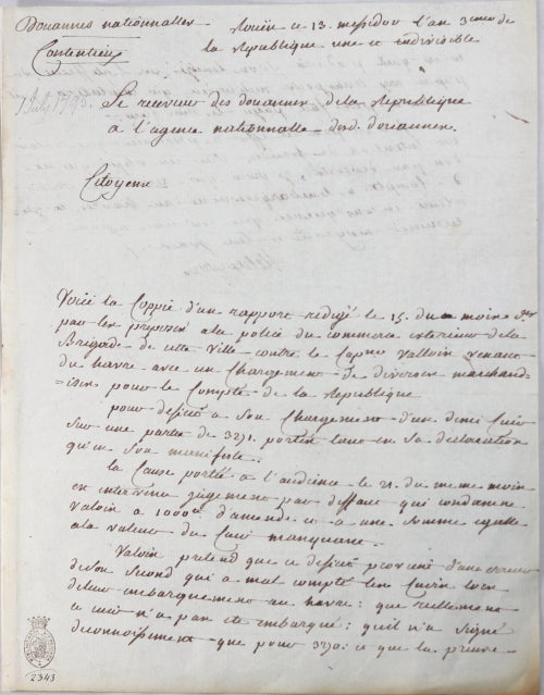 1795 Rouen lettre du Receveur des Douanes sur jugement de fraude