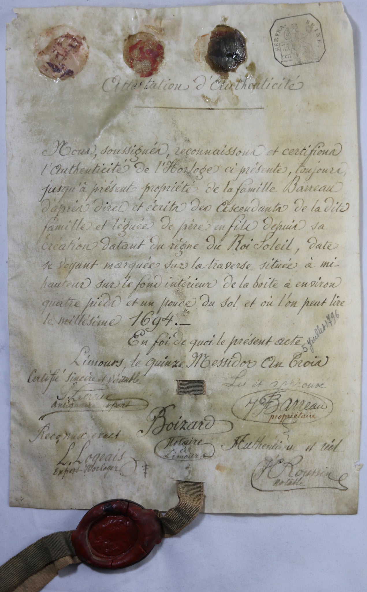 1795 attestation d’authenticité horloge avec sceau, Limours (Essone) 