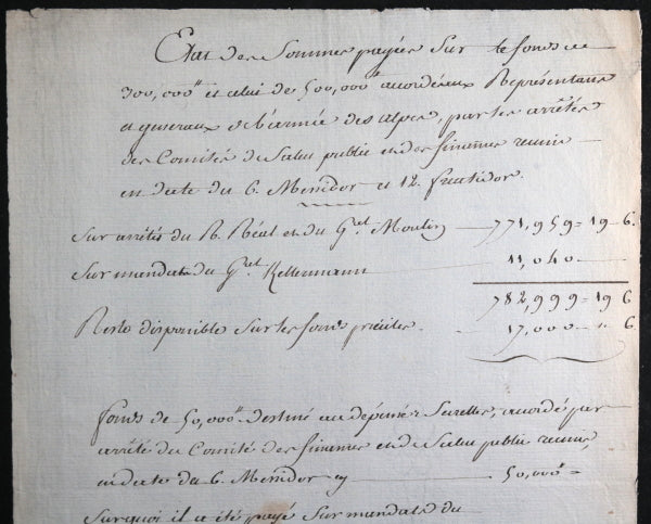 1795 états des sommes payées sur les fonds accordées à Armée des Alpes