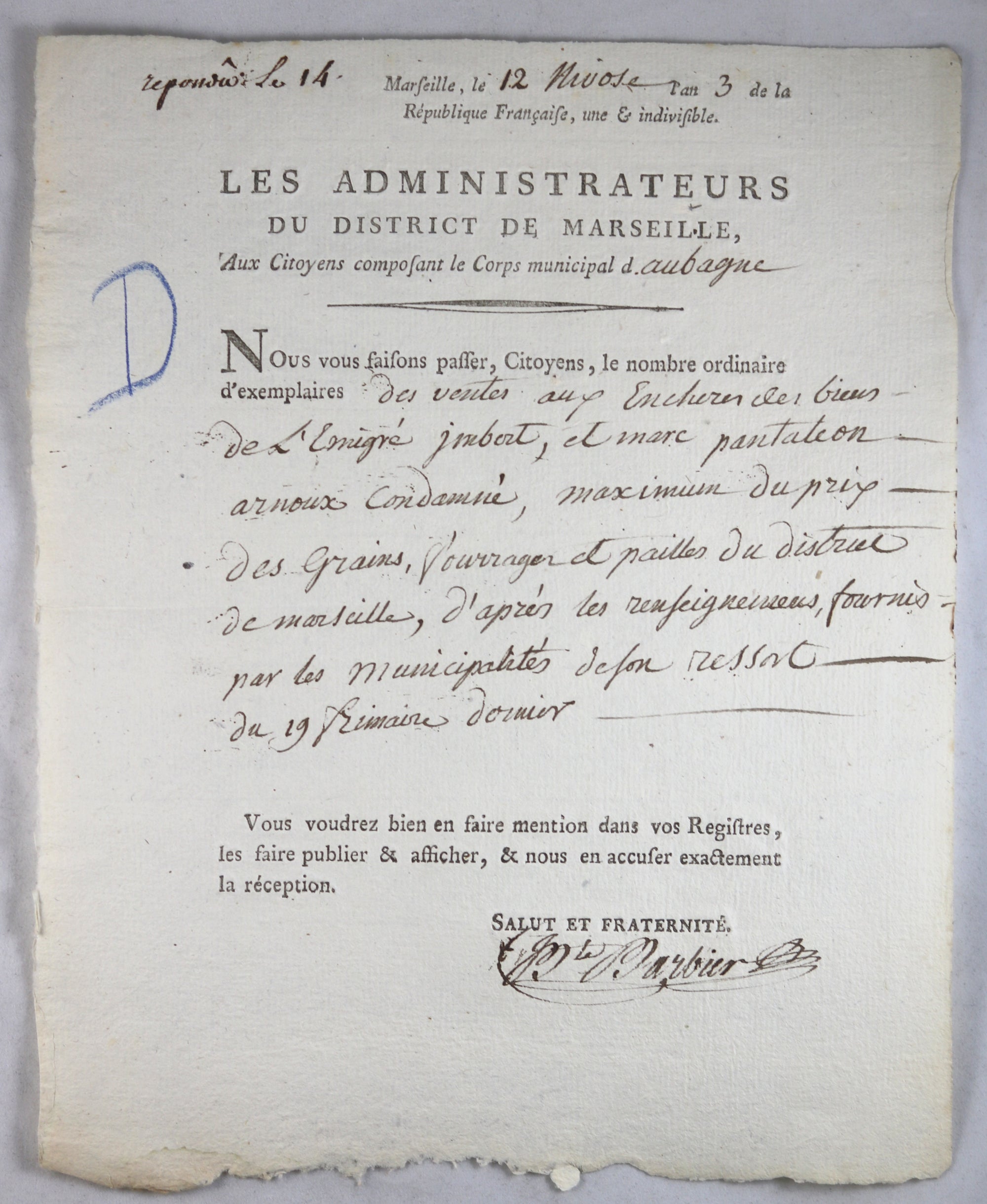 1795 lettre des administrateurs de Marseille durant Terreur Blanche