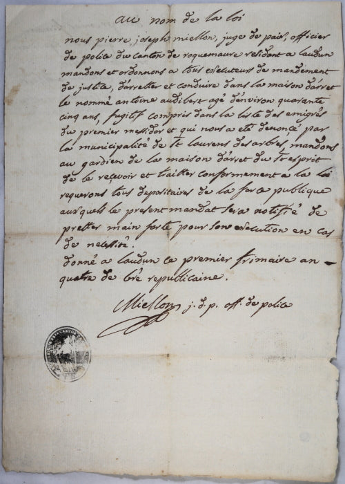 1795 mandat d’arrêt pour un émigré fugitif, Roquemaure (Gard)