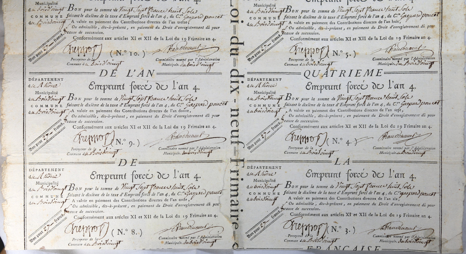 1795 récépisses de l’Emprunt Forcé, Citoyen de Bois D'oingt (Rhône)