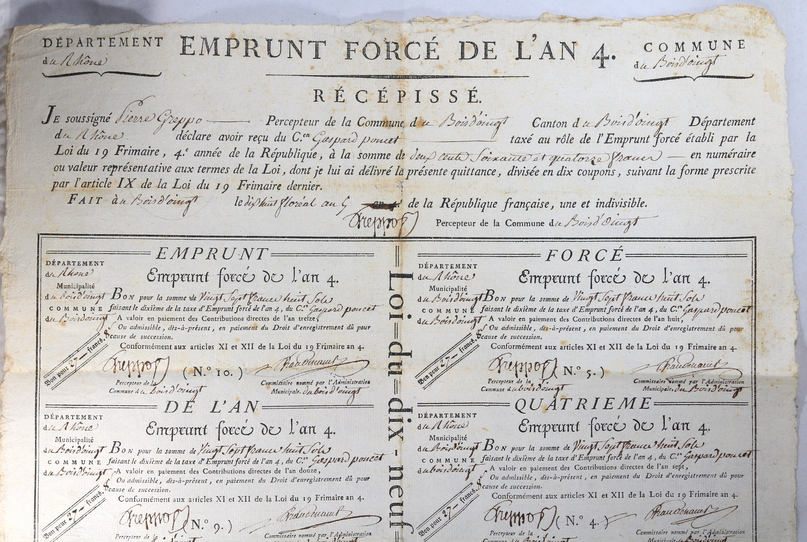 1795 récépisses de l’Emprunt Forcé, Citoyen de Bois D'oingt (Rhône)