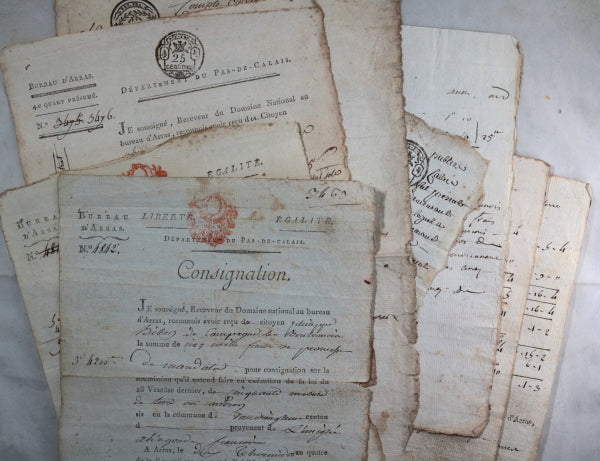 1796-7 Arras lot 8 documents, achat terres d’Emigré (Domaine National)