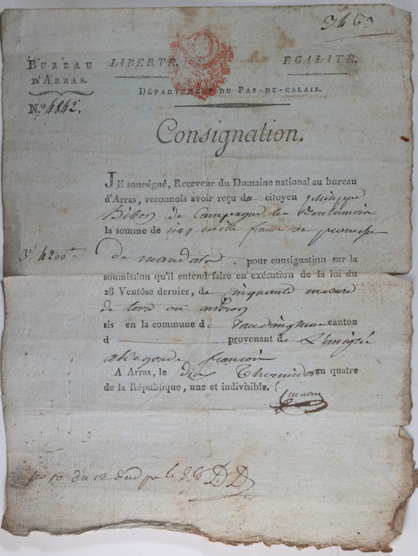 1796-7 Arras lot 8 documents, achat terres d’Emigré (Domaine National)