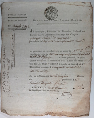 1796-7 Arras lot 8 documents, achat terres d’Emigré (Domaine National)