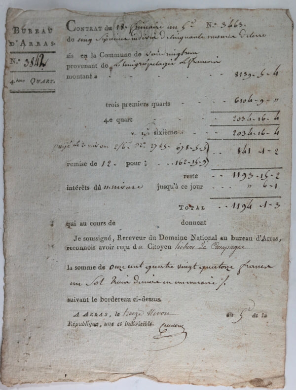 1796-7 Arras lot 8 documents, achat terres d’Emigré (Domaine National)