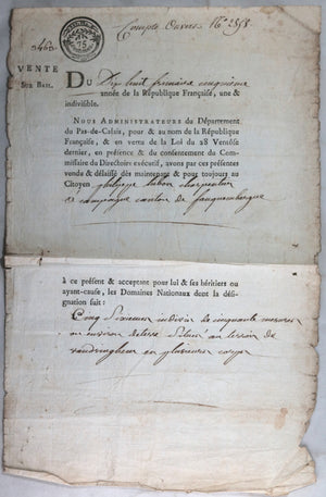 1796-7 Arras lot 8 documents, achat terres d’Emigré (Domaine National)