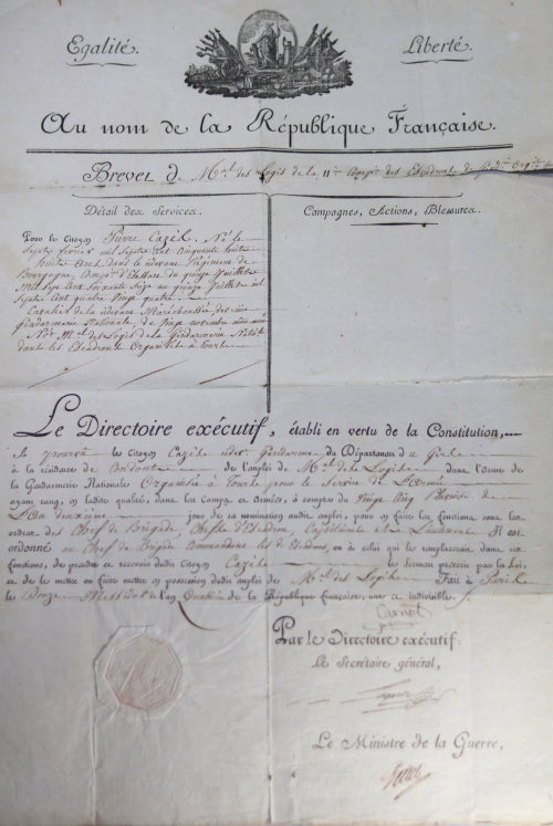 1796 brevet de Maréchal des Logis Gendarmerie Nationale - Dépt. Gers