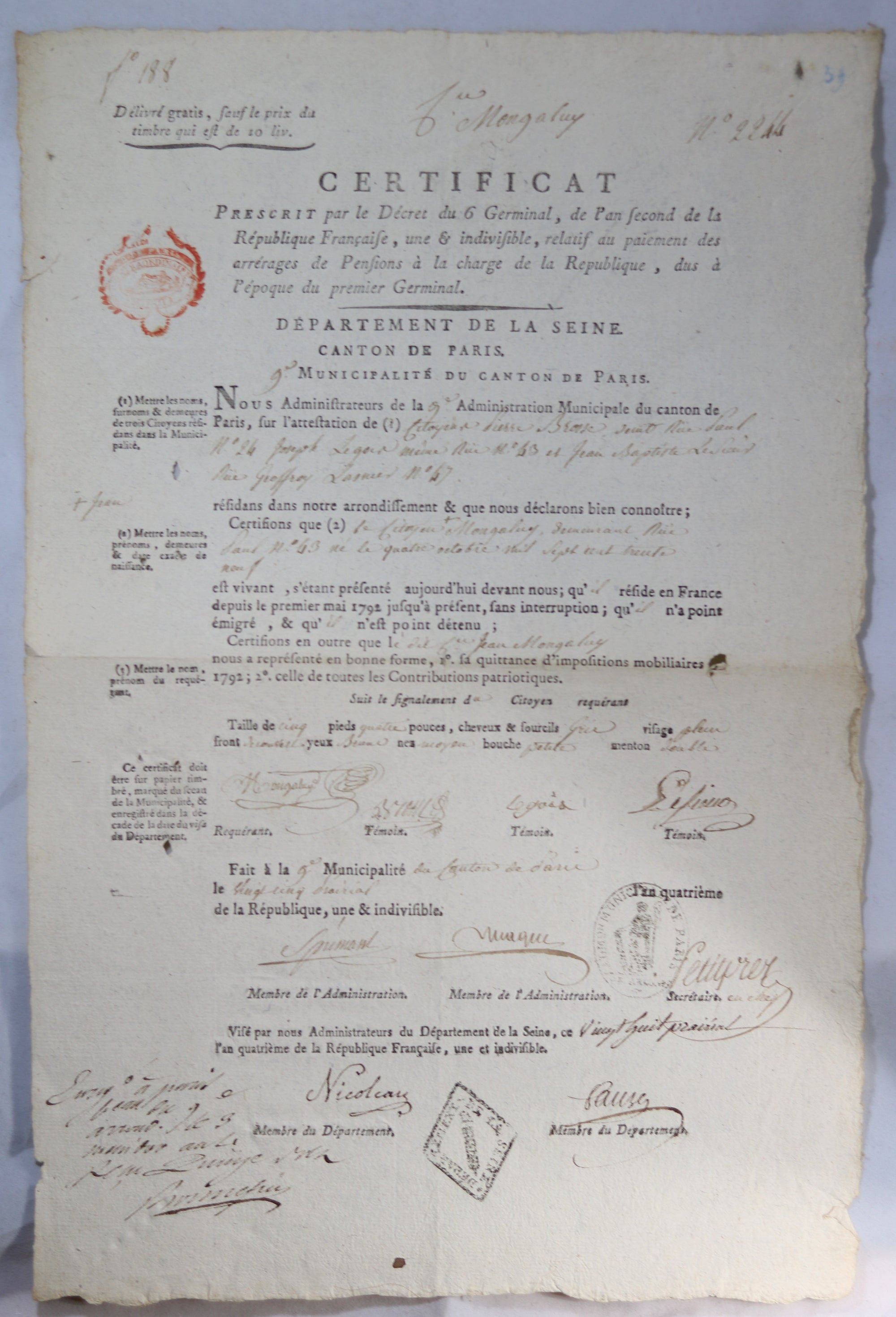 1796 certificat de résidence pour un Citoyen de Paris