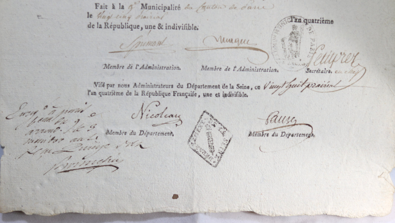 1796 certificat de résidence pour un Citoyen de Paris
