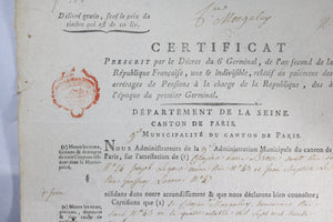 1796 certificat de résidence pour un Citoyen de Paris