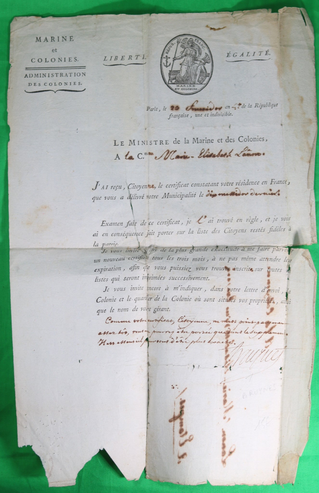 1796 lettre du Ministre Colonies Truguet à Étampes (Saint-Domingue)