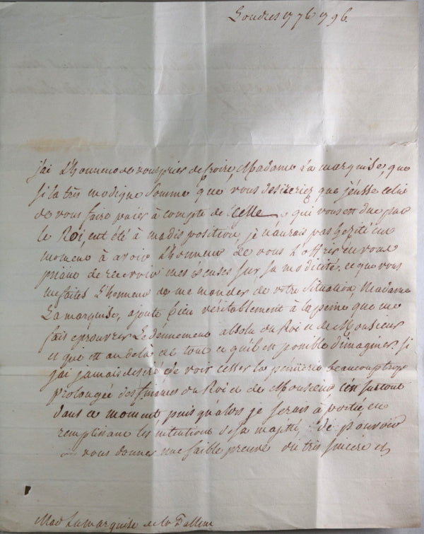 1796 lettre pour l’émigré la Marquise de la Palun à Londres