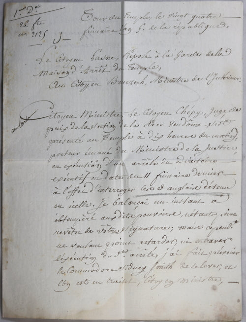 1796 prison du Temple, interrogation Amiral anglais Sydney Smith