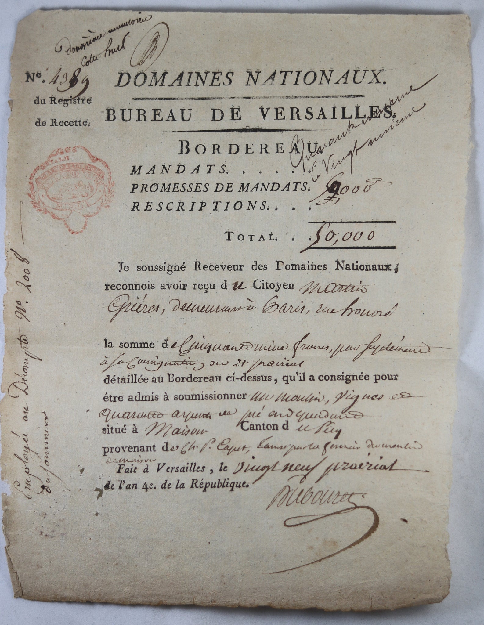 1796 quittance Domaines Nationaux de Versailles