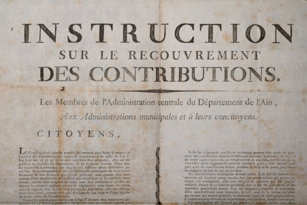 1796 affiche Département de l’Ain – recouvrement des contributions