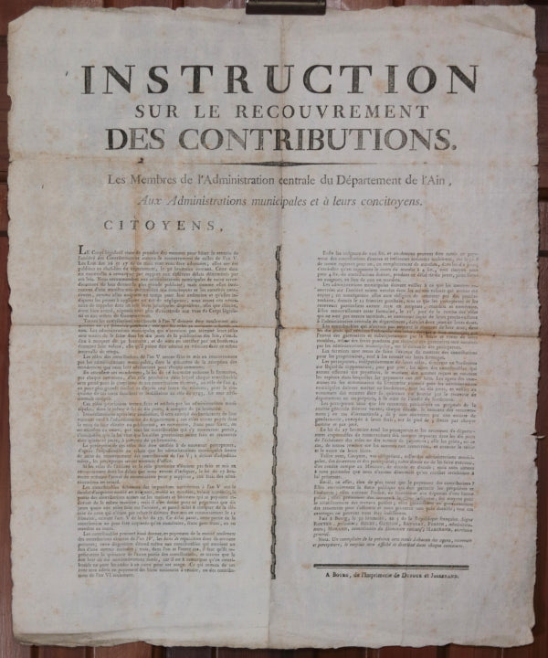 1796 affiche Département de l’Ain – recouvrement des contributions