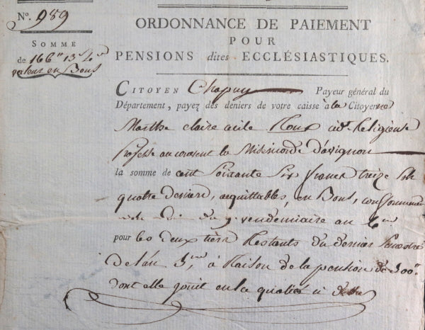 1797/99 France Avignon pension ex-religieuse couvent Miséricorde