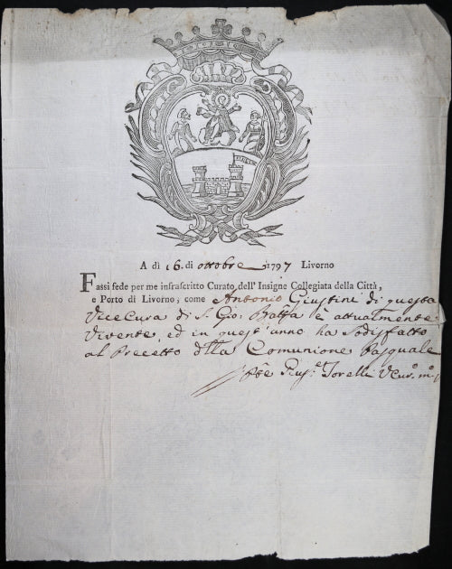 1797 Easter religious document, Leghorn (Livorno) Italy