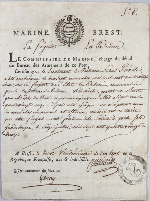 1797 M. Gas Preville, officier frégate La Didon, disparu à Guadeloupe