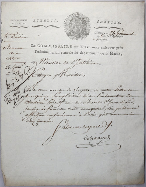 1797 lettre au Ministre de l'Intérieur par administrateur de la Marne 1797 lettre au Ministre de l'Intérieur par administrateur de la Marne