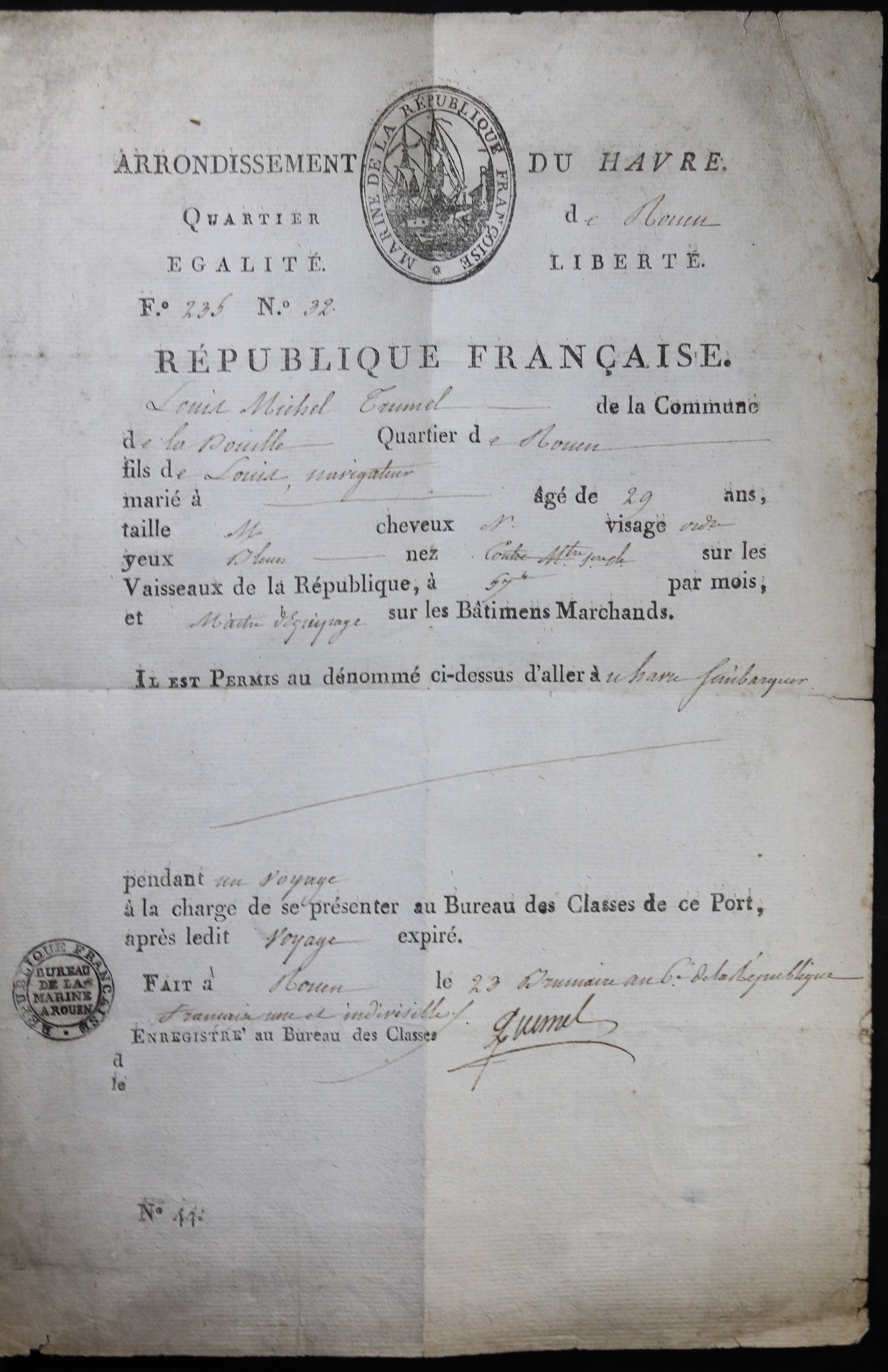 1797 ordre d’embarquement à Le Havre pour un marin