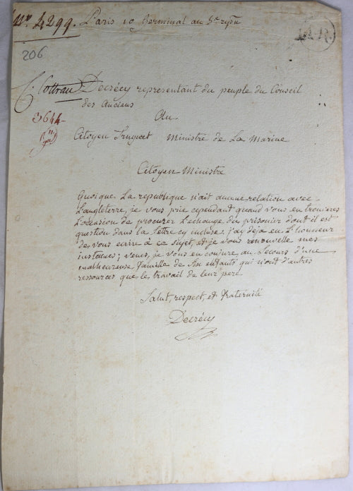 1797 représentant Decrécy au ministre de la Marine Truguet prisonier