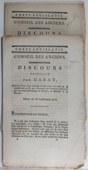 1798-1799  huit pamphlets par Garat, membre du Conseil des Anciens