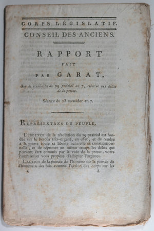 1798-1799  huit pamphlets par Garat, membre du Conseil des Anciens