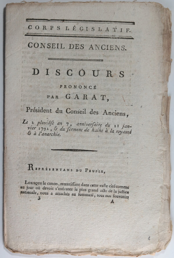 1798-1799  huit pamphlets par Garat, membre du Conseil des Anciens