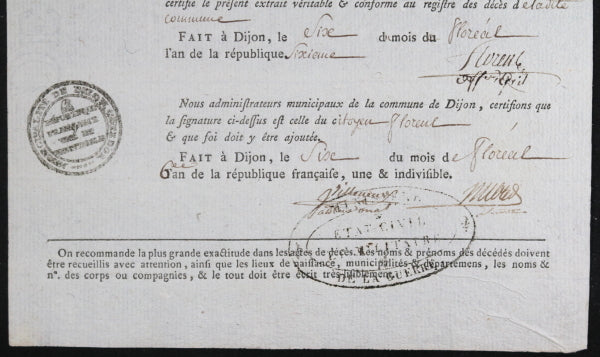 1798 Dijon extrait mortuaire pour fusilier Demartez 68ième ½ Brigade 1798 Dijon extrait mortuaire pour fusilier Demartez 68ième ½ Brigade