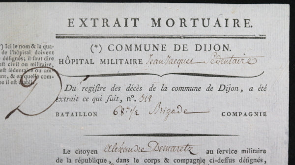 1798 Dijon extrait mortuaire pour fusilier Demartez 68ième ½ Brigade 