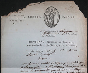 1798 Perpignan, Général Duvignau au sujet d'un homme "pèlerin"