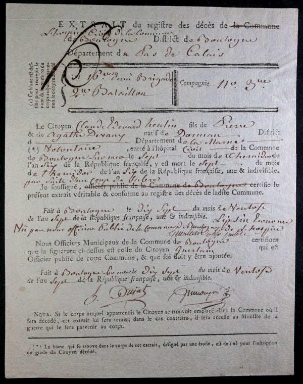 1799 Boulogne extrait mortuaire 16ième ½ Brigade mort coup de sabre