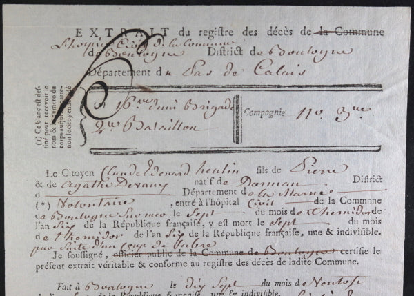 1799 Boulogne extrait mortuaire 16ième ½ Brigade mort coup de sabre