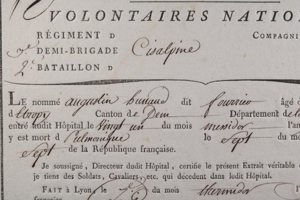 1799 Hôpital Lyon, extrait mortuaire soldat 3e demi-brigade Cisalpine