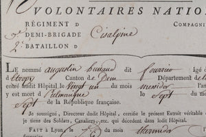 1799 Hôpital Lyon, extrait mortuaire soldat 3e demi-brigade Cisalpine