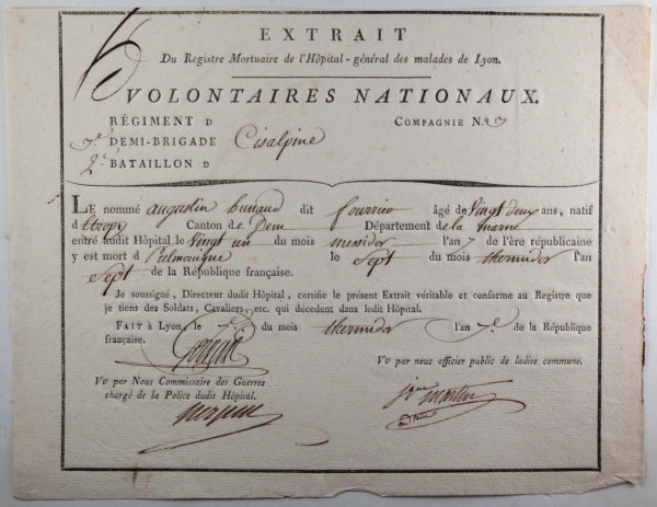 1799 Hôpital Lyon, extrait mortuaire soldat 3e demi-brigade Cisalpine