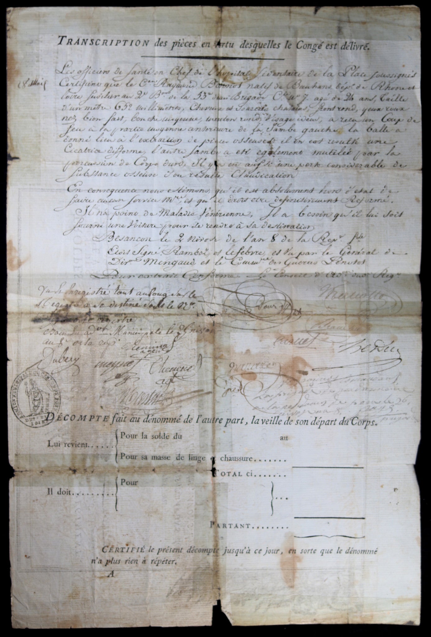 1799 Armée du Danube, 53e Demi-Brigade – congé absolu