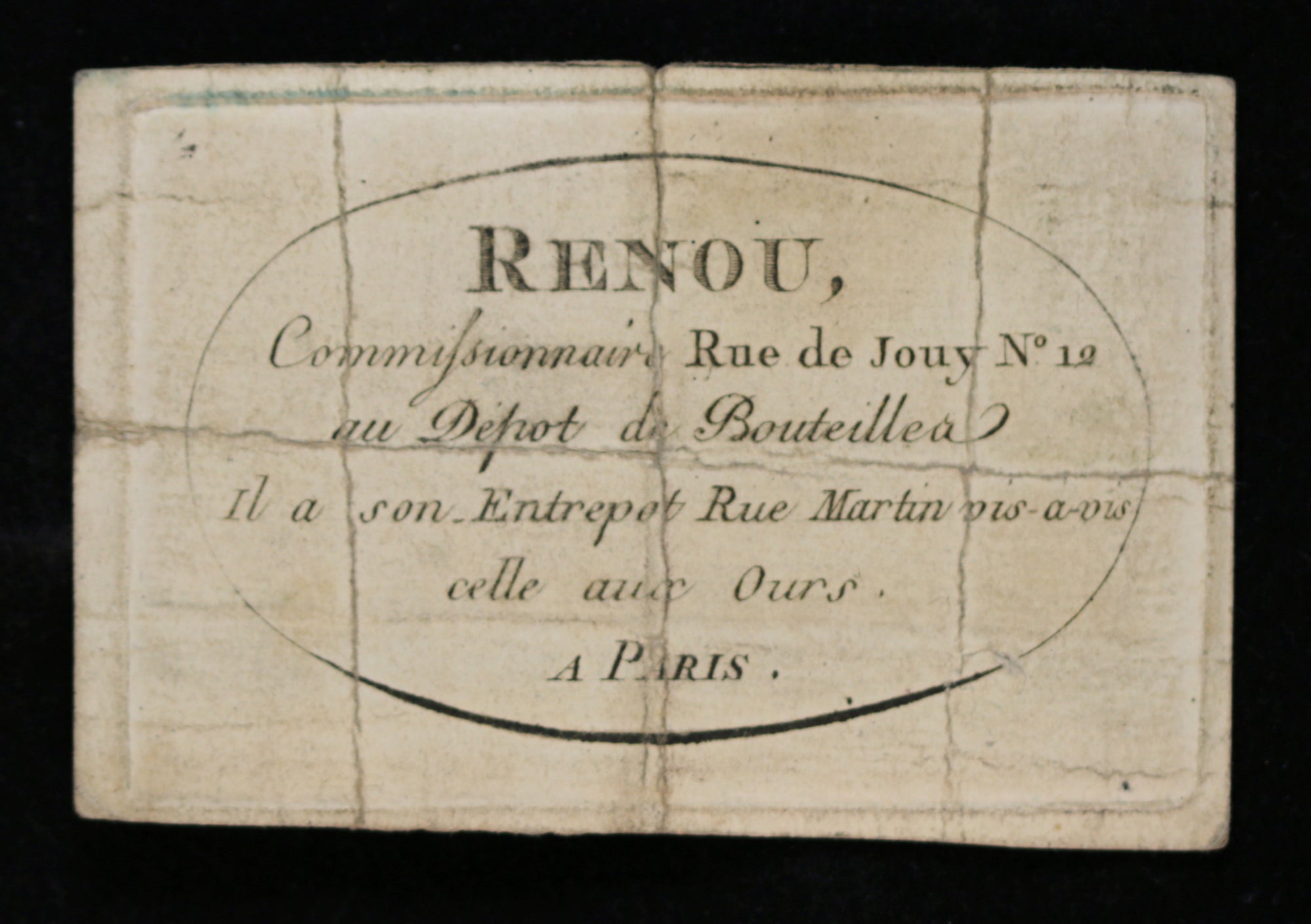 1799 carte de visite Paris, commissionaire bouteilles