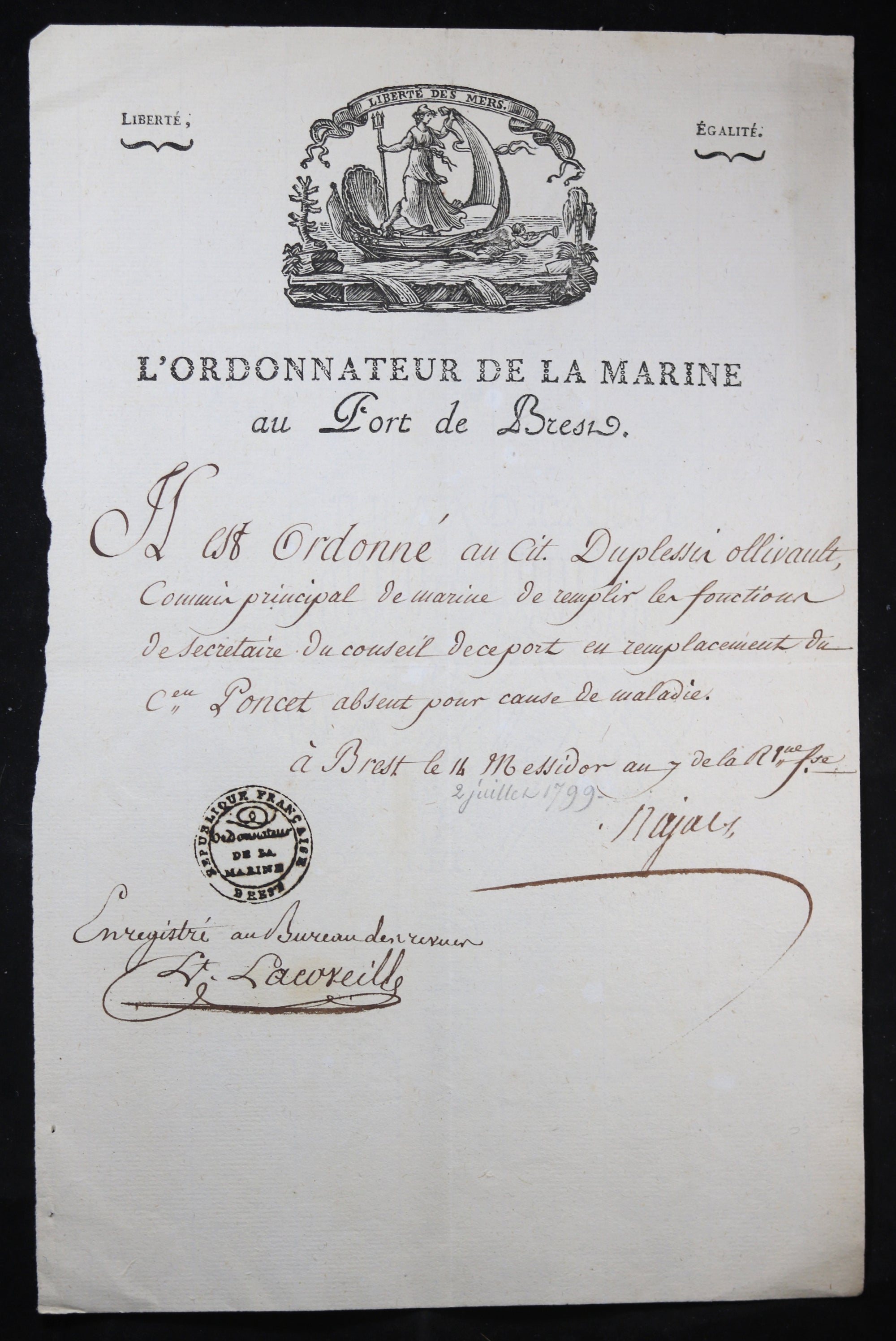 1799 lettre de Najac, ordonnateur de la Marine à Brest