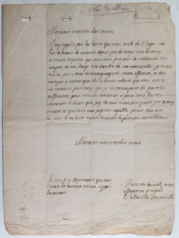 17e lettre Nicolas Le Tellier de Tourneville à Baillard Rouen Normandie