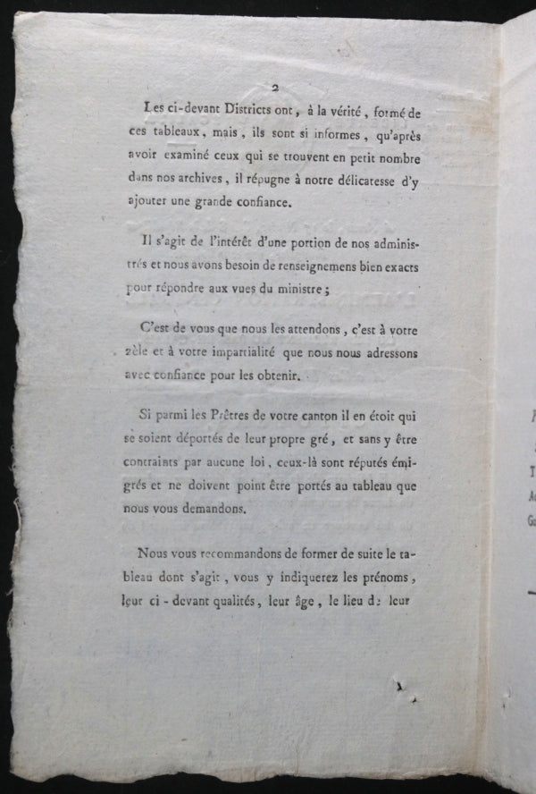 1800 Arras circulaire département Pas-de Calais liste prêtres déportés