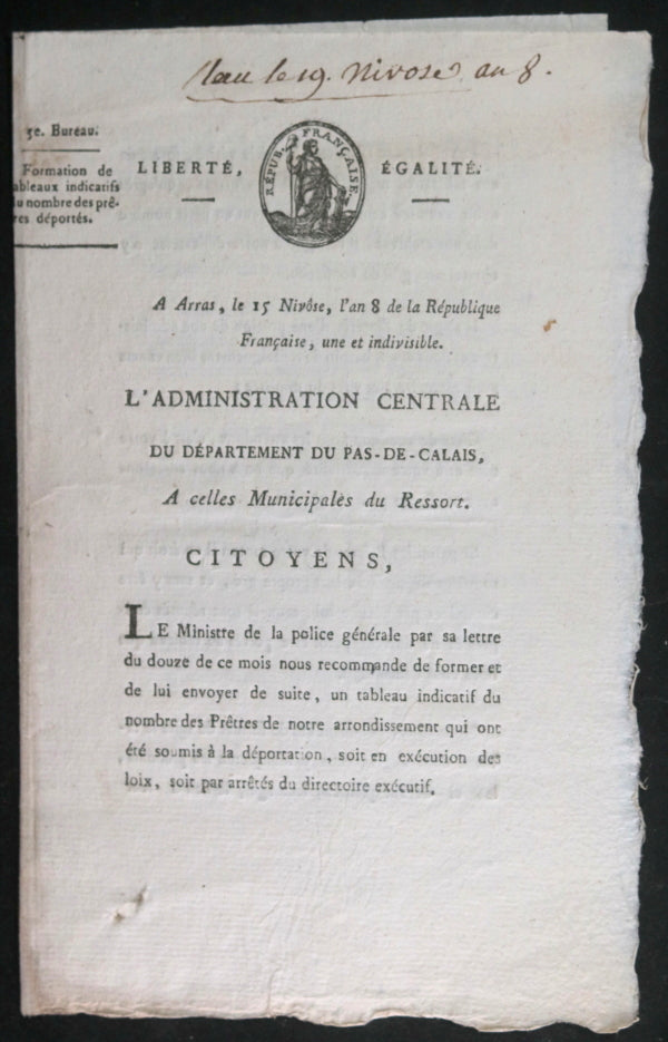 1800 Arras circulaire département Pas-de Calais liste prêtres déportés